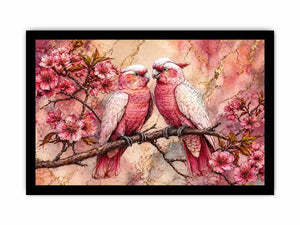 pink parrot wall art watercolor birds, floral bird canvas artwork pink parrots, romantic bird illustration wall decor, botanical parrot painting soft tones