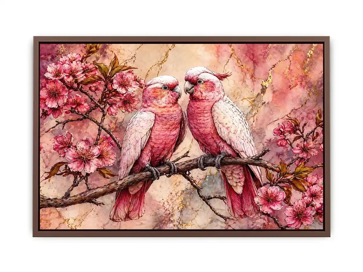 pink parrot wall art watercolor birds, floral bird canvas artwork pink parrots, romantic bird illustration wall decor, botanical parrot painting soft tones
