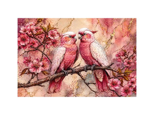 pink parrot wall art watercolor birds, floral bird canvas artwork pink parrots, romantic bird illustration wall decor, botanical parrot painting soft tones