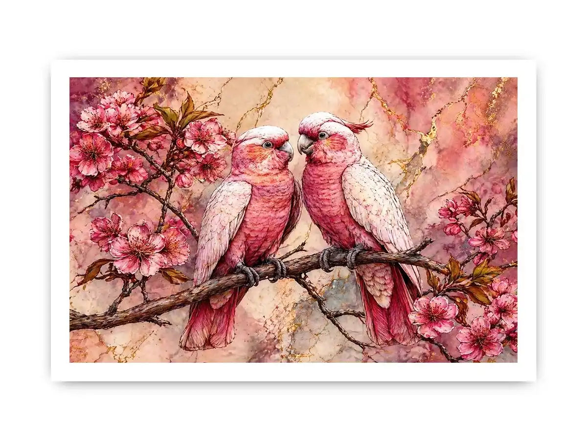 pink parrot wall art watercolor birds, floral bird canvas artwork pink parrots, romantic bird illustration wall decor, botanical parrot painting soft tones