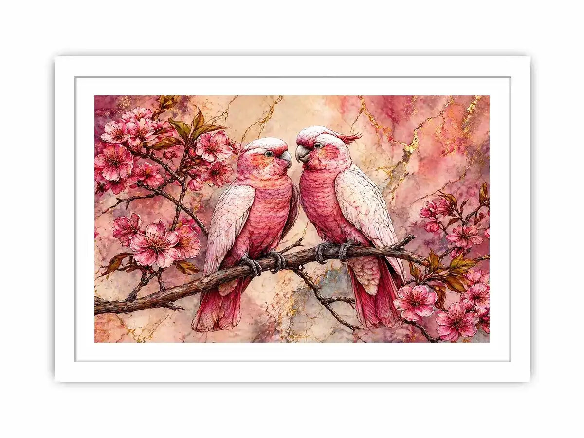 pink parrot wall art watercolor birds, floral bird canvas artwork pink parrots, romantic bird illustration wall decor, botanical parrot painting soft tones