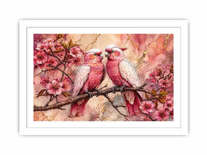 pink parrot wall art watercolor birds, floral bird canvas artwork pink parrots, romantic bird illustration wall decor, botanical parrot painting soft tones