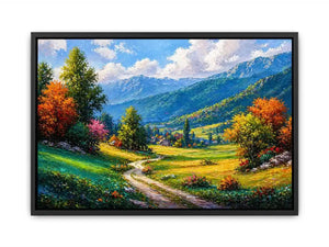 colorful landscape wall art impressionist valley, scenic nature painting path artwork, vibrant countryside canvas decor, mountain landscape painting wall art