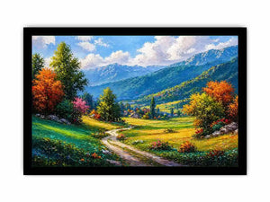 colorful landscape wall art impressionist valley, scenic nature painting path artwork, vibrant countryside canvas decor, mountain landscape painting wall art
