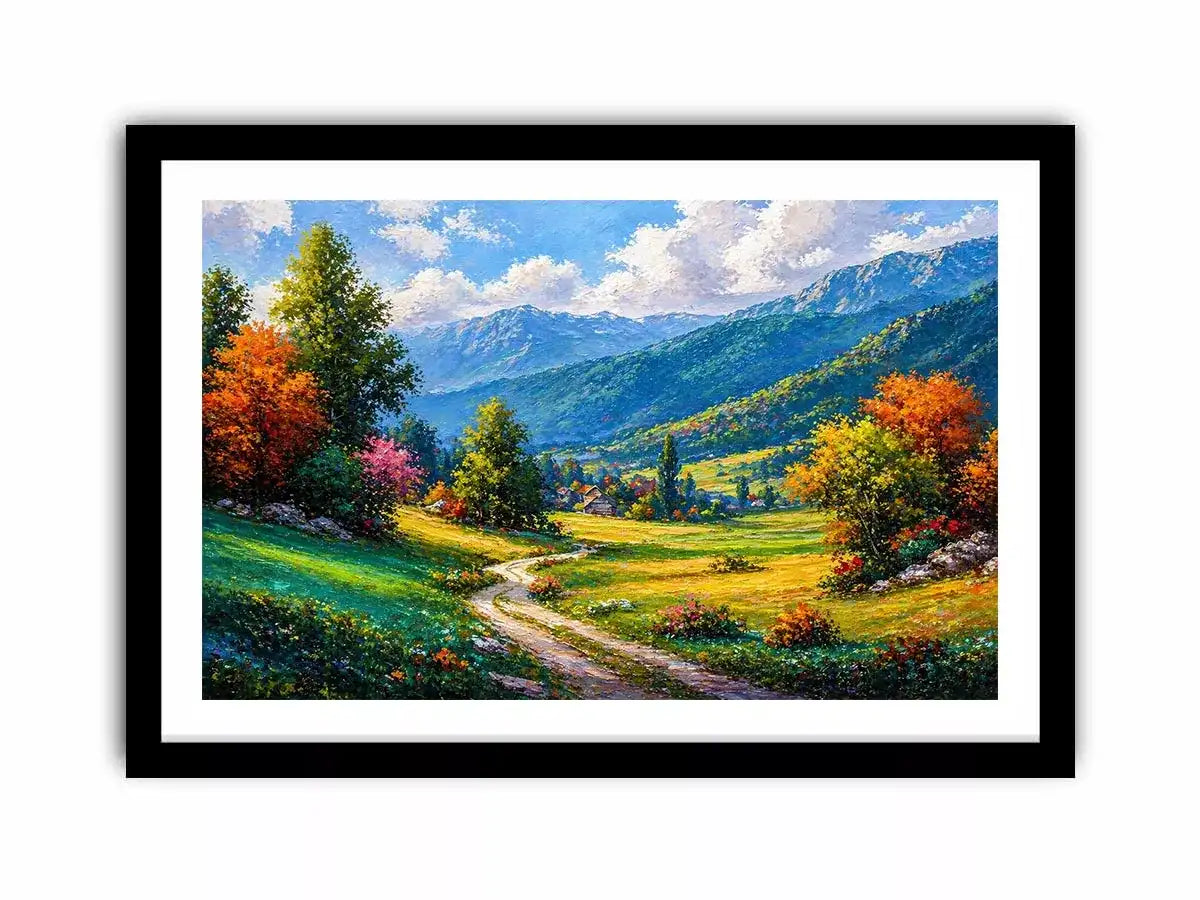 colorful landscape wall art impressionist valley, scenic nature painting path artwork, vibrant countryside canvas decor, mountain landscape painting wall art