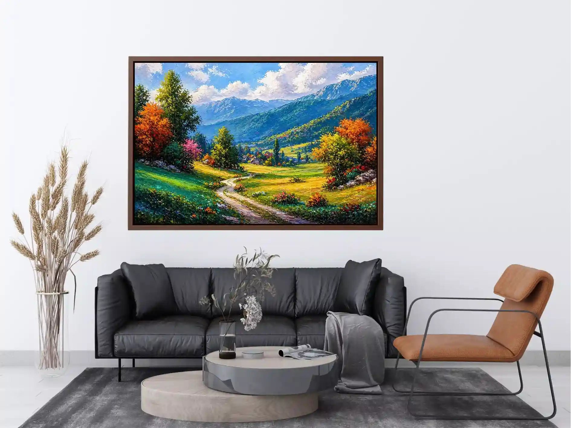 colorful landscape wall art impressionist valley, scenic nature painting path artwork, vibrant countryside canvas decor, mountain landscape painting wall art