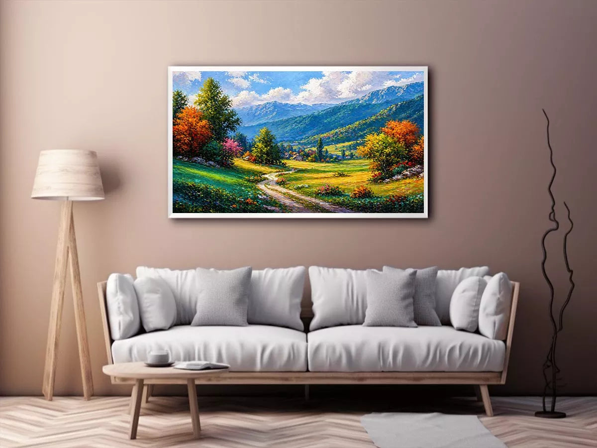colorful landscape wall art impressionist valley, scenic nature painting path artwork, vibrant countryside canvas decor, mountain landscape painting wall art