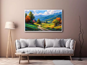 colorful landscape wall art impressionist valley, scenic nature painting path artwork, vibrant countryside canvas decor, mountain landscape painting wall art