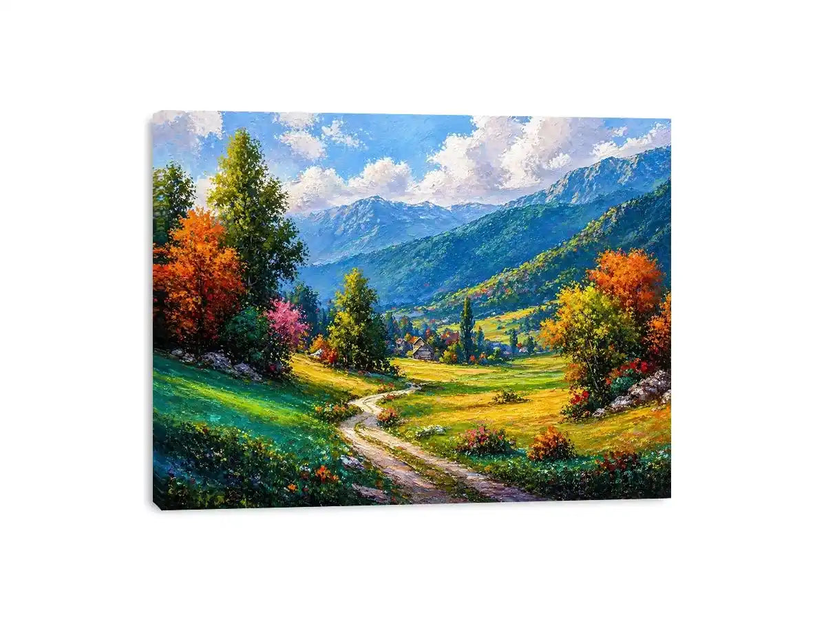 colorful landscape wall art impressionist valley, scenic nature painting path artwork, vibrant countryside canvas decor, mountain landscape painting wall art