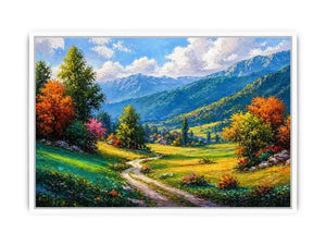 colorful landscape wall art impressionist valley, scenic nature painting path artwork, vibrant countryside canvas decor, mountain landscape painting wall art