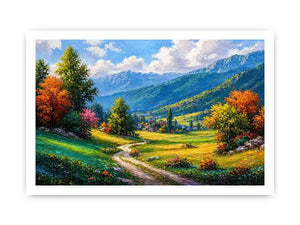 colorful landscape wall art impressionist valley, scenic nature painting path artwork, vibrant countryside canvas decor, mountain landscape painting wall art