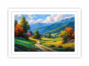 colorful landscape wall art impressionist valley, scenic nature painting path artwork, vibrant countryside canvas decor, mountain landscape painting wall art