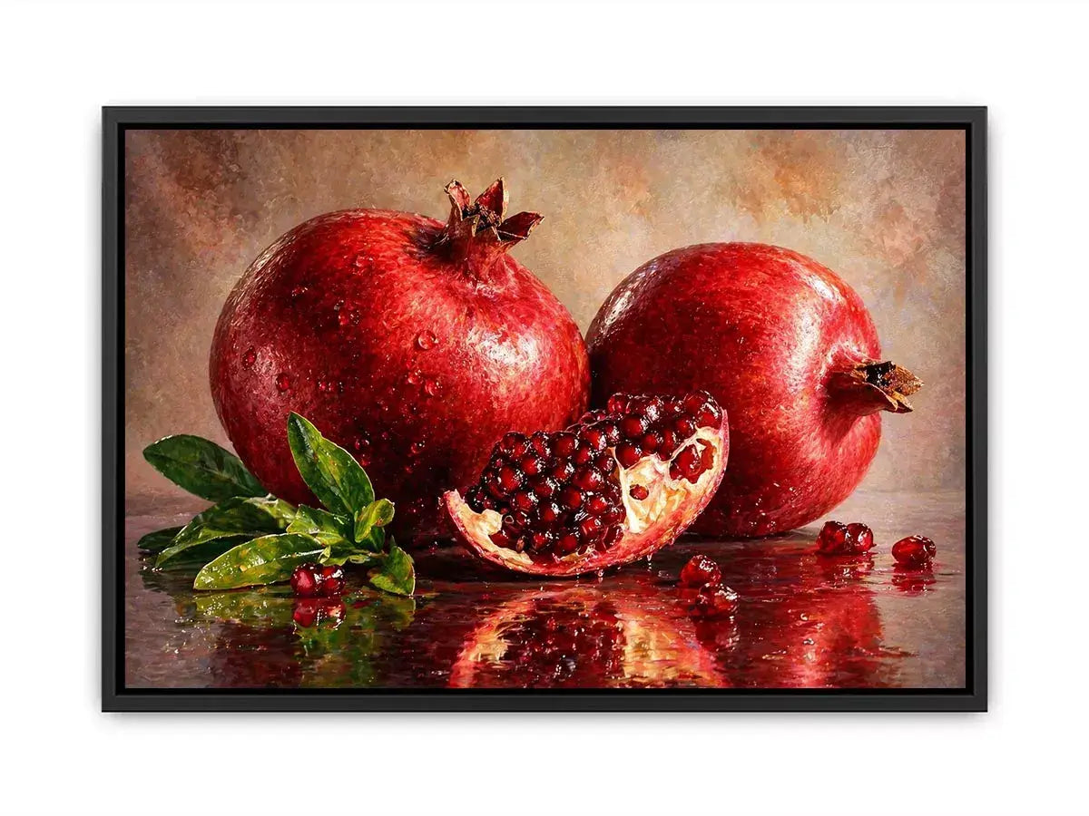 modern pomegranate still life wall art, red fruit painting canvas print, realistic pomegranate artwork kitchen decor, contemporary fruit still life painting