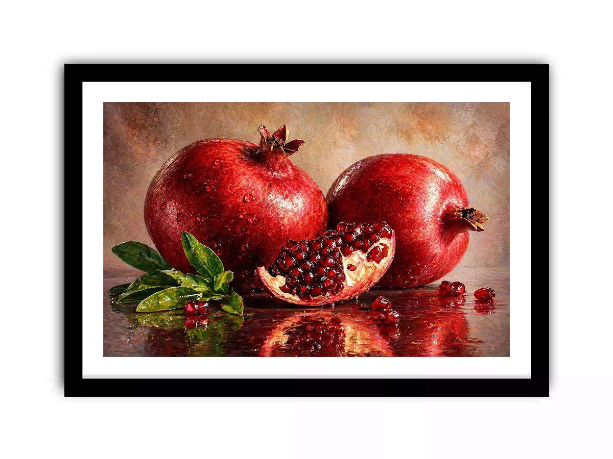 modern pomegranate still life wall art, red fruit painting canvas print, realistic pomegranate artwork kitchen decor, contemporary fruit still life painting