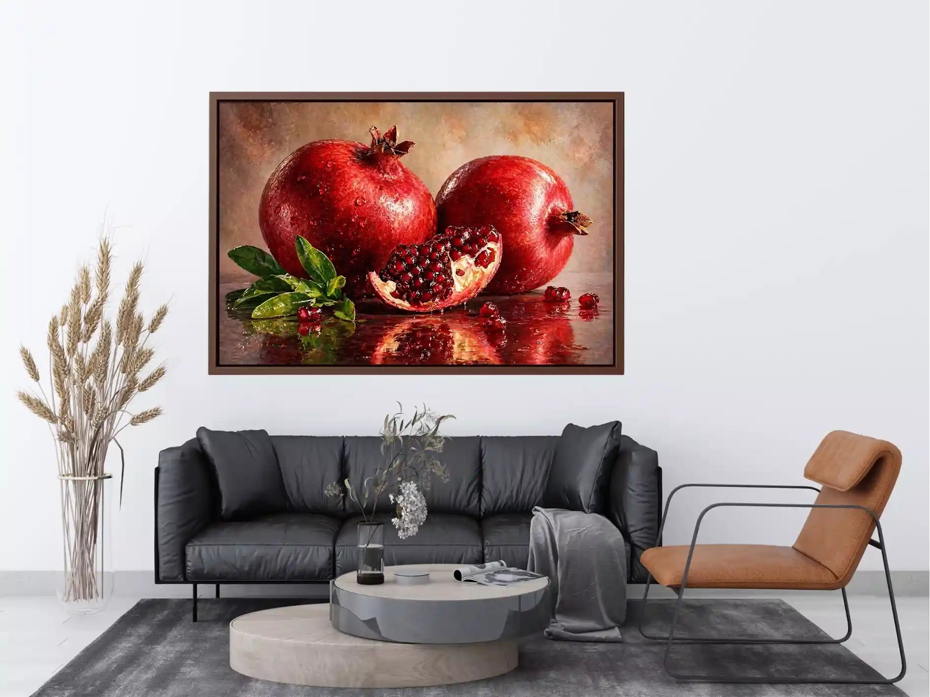 modern pomegranate still life wall art, red fruit painting canvas print, realistic pomegranate artwork kitchen decor, contemporary fruit still life painting