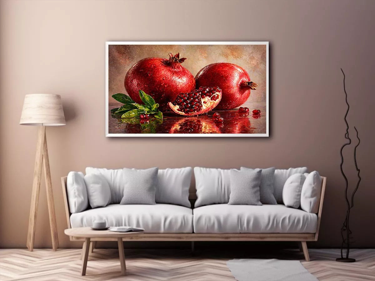 modern pomegranate still life wall art, red fruit painting canvas print, realistic pomegranate artwork kitchen decor, contemporary fruit still life painting