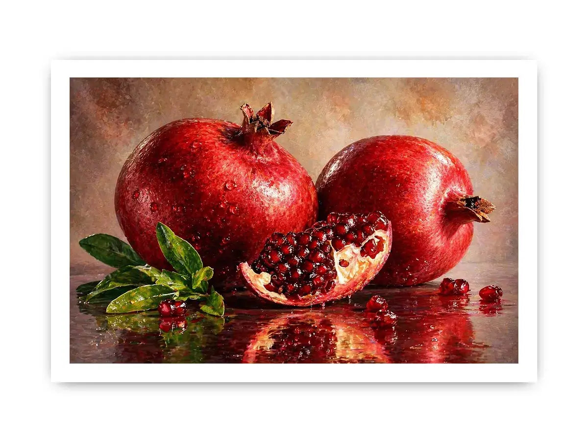 modern pomegranate still life wall art, red fruit painting canvas print, realistic pomegranate artwork kitchen decor, contemporary fruit still life painting