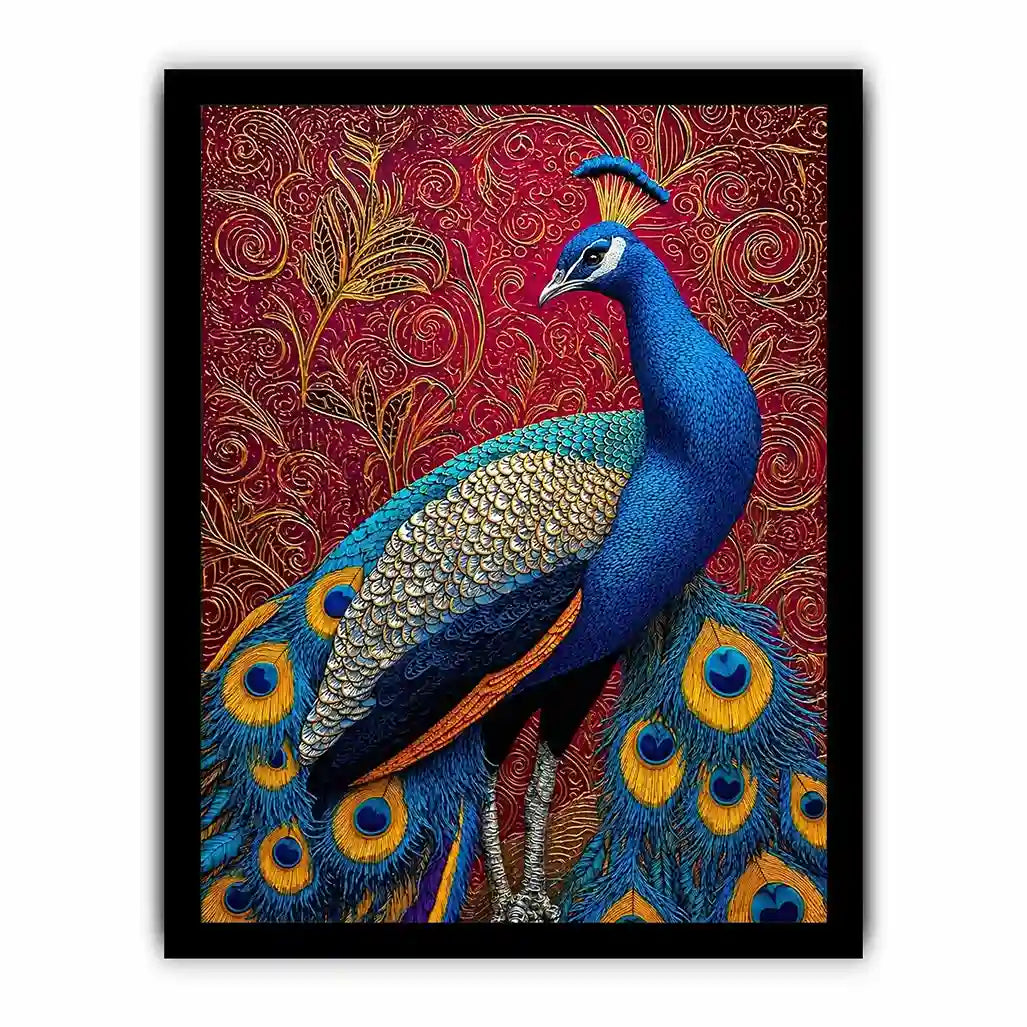peacock wall art colorful bird painting, royal peacock canvas print vibrant feathers, decorative bird artwork modern wall decor, peacock illustration luxury art