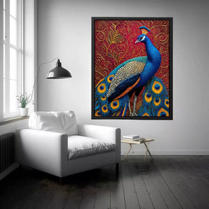 peacock wall art colorful bird painting, royal peacock canvas print vibrant feathers, decorative bird artwork modern wall decor, peacock illustration luxury art