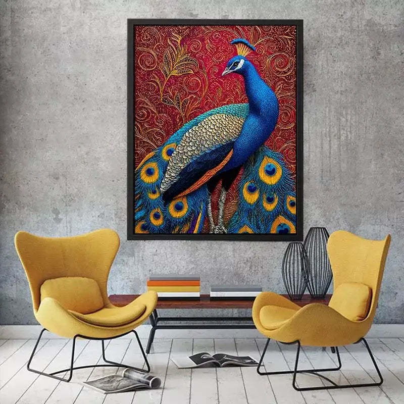 peacock wall art colorful bird painting, royal peacock canvas print vibrant feathers, decorative bird artwork modern wall decor, peacock illustration luxury art