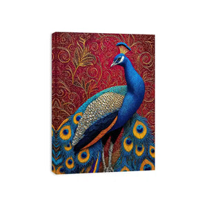 peacock wall art colorful bird painting, royal peacock canvas print vibrant feathers, decorative bird artwork modern wall decor, peacock illustration luxury art