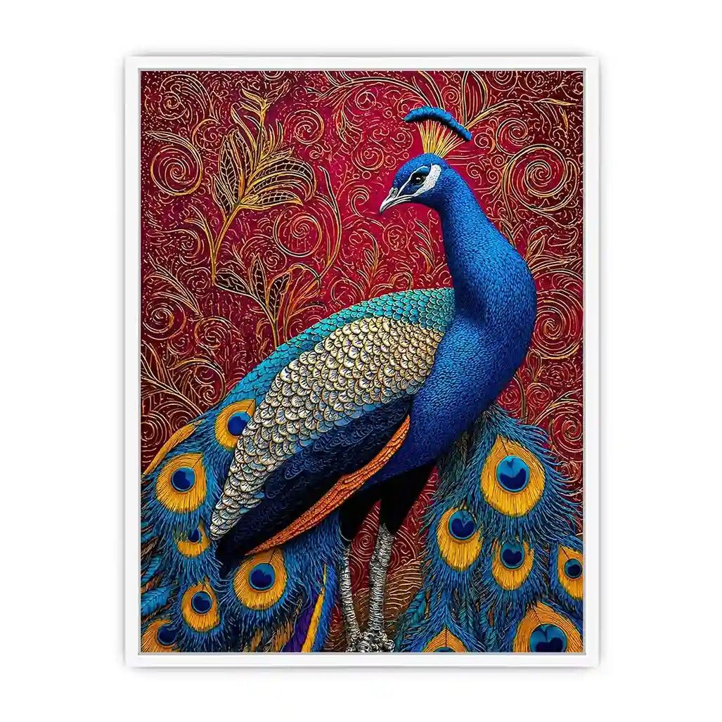 peacock wall art colorful bird painting, royal peacock canvas print vibrant feathers, decorative bird artwork modern wall decor, peacock illustration luxury art