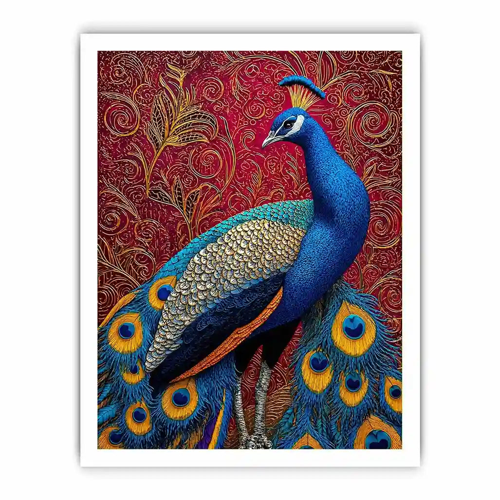 peacock wall art colorful bird painting, royal peacock canvas print vibrant feathers, decorative bird artwork modern wall decor, peacock illustration luxury art