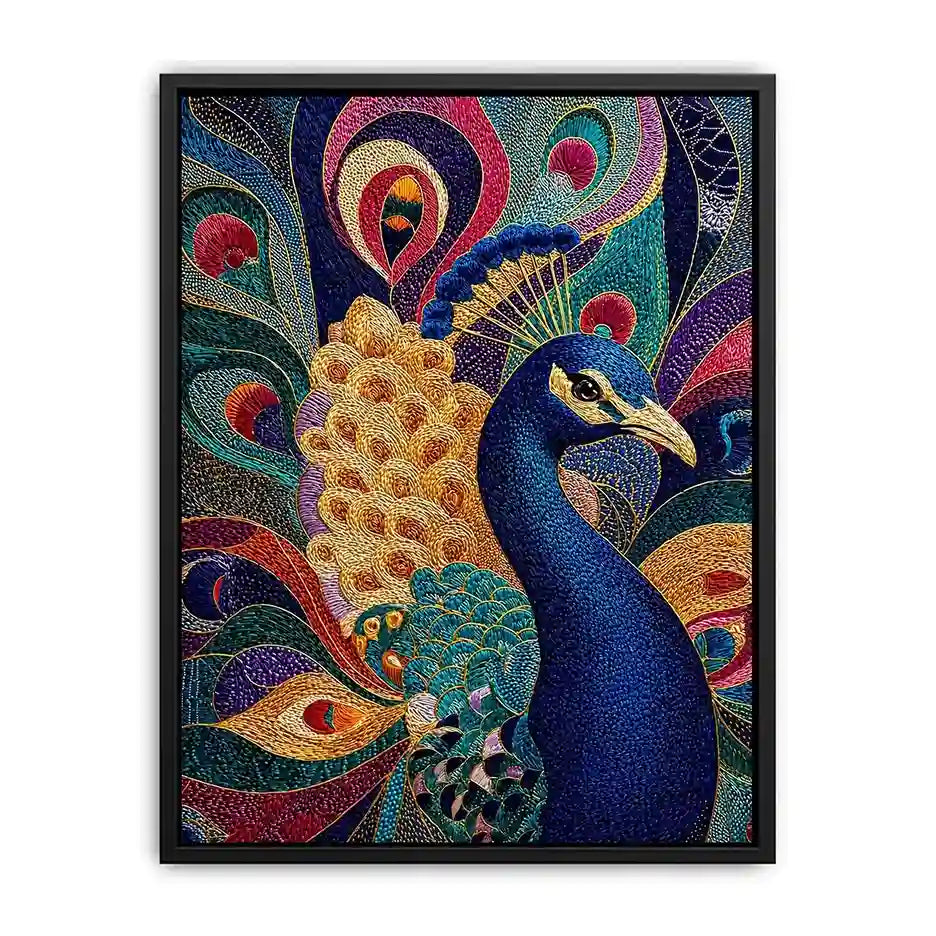 peacock wall art colorful luxury bird canvas, vibrant peacock painting detailed feathers artwork, blue gold peacock canvas modern decor, exotic bird wall art premium textured design