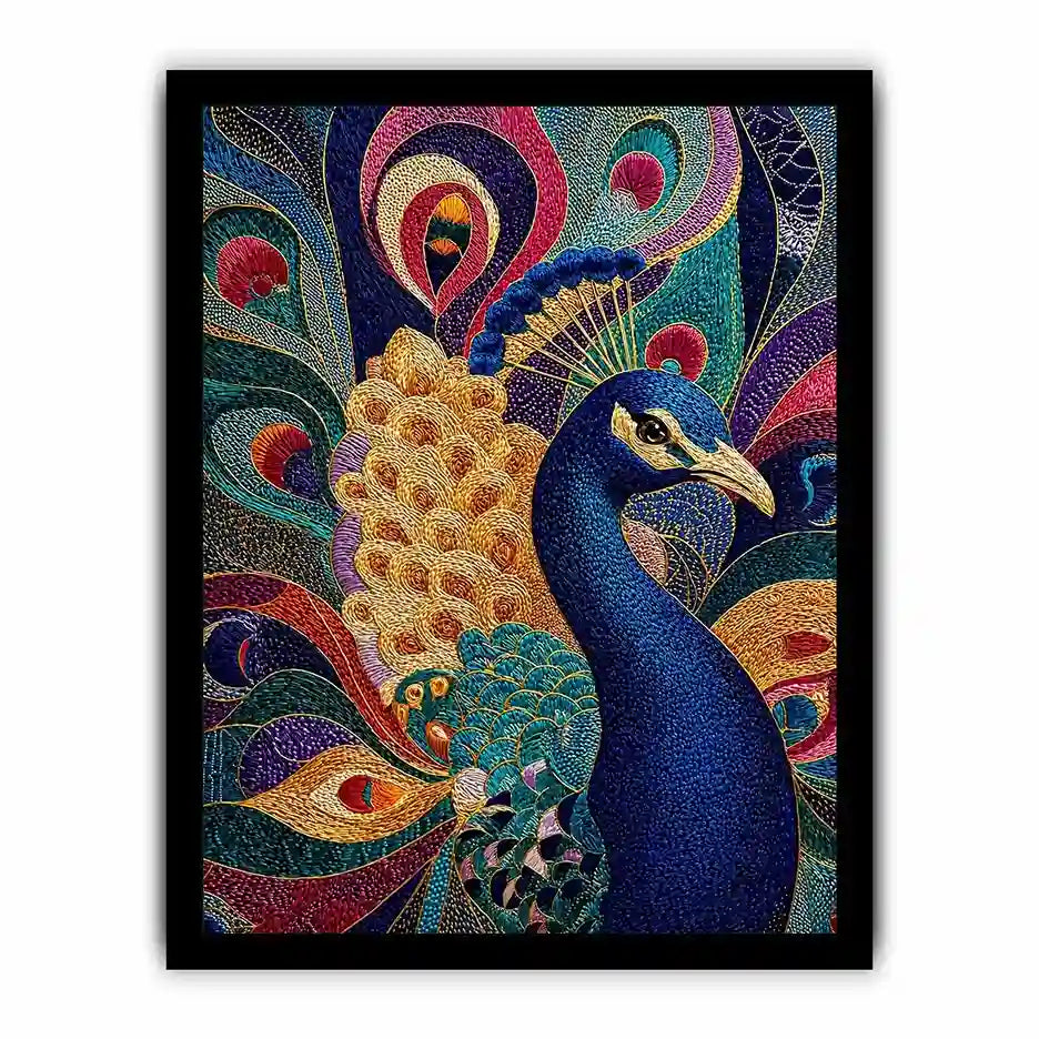 peacock wall art colorful luxury bird canvas, vibrant peacock painting detailed feathers artwork, blue gold peacock canvas modern decor, exotic bird wall art premium textured design