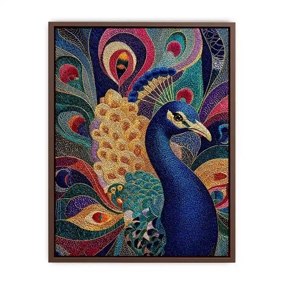peacock wall art colorful luxury bird canvas, vibrant peacock painting detailed feathers artwork, blue gold peacock canvas modern decor, exotic bird wall art premium textured design