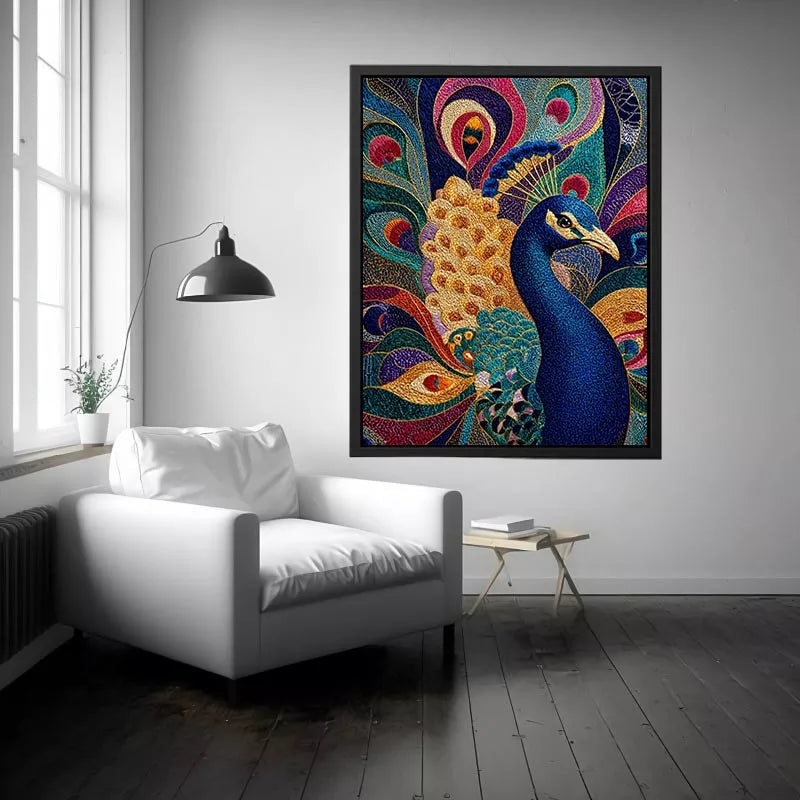 peacock wall art colorful luxury bird canvas, vibrant peacock painting detailed feathers artwork, blue gold peacock canvas modern decor, exotic bird wall art premium textured design