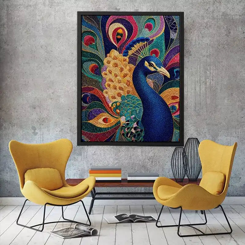 peacock wall art colorful luxury bird canvas, vibrant peacock painting detailed feathers artwork, blue gold peacock canvas modern decor, exotic bird wall art premium textured design