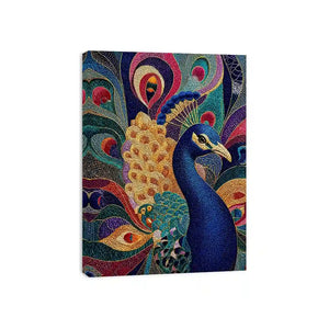 peacock wall art colorful luxury bird canvas, vibrant peacock painting detailed feathers artwork, blue gold peacock canvas modern decor, exotic bird wall art premium textured design