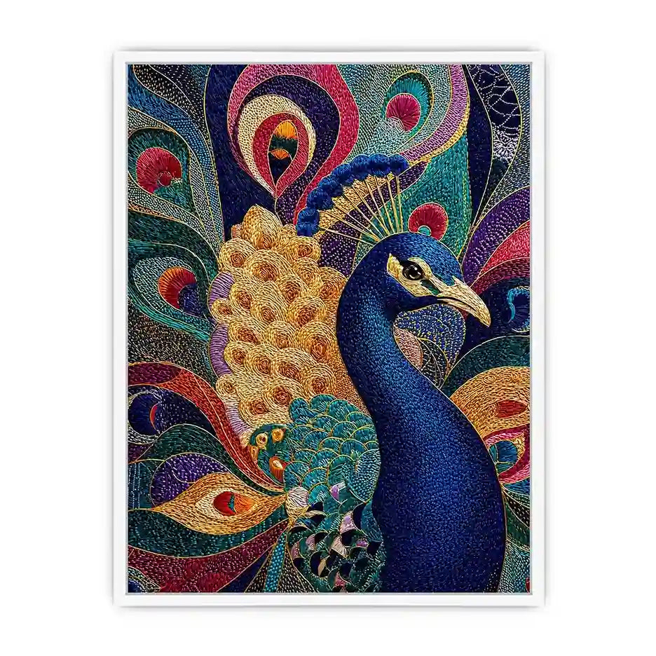 peacock wall art colorful luxury bird canvas, vibrant peacock painting detailed feathers artwork, blue gold peacock canvas modern decor, exotic bird wall art premium textured design