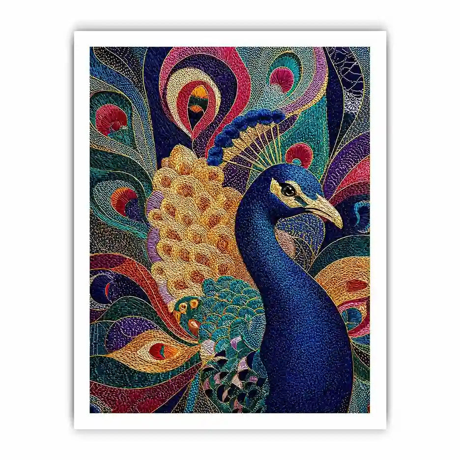 peacock wall art colorful luxury bird canvas, vibrant peacock painting detailed feathers artwork, blue gold peacock canvas modern decor, exotic bird wall art premium textured design
