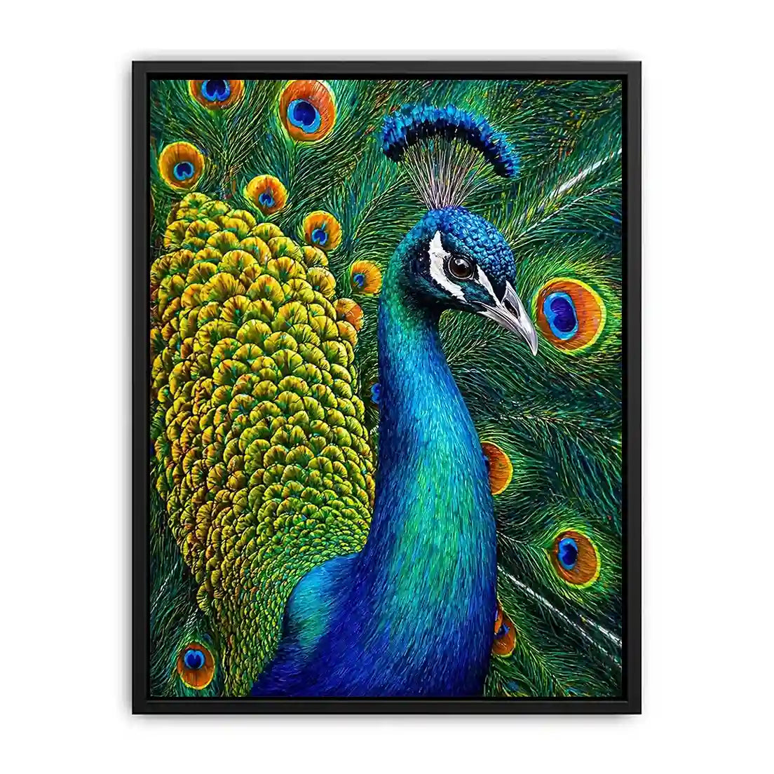 peacock close up wall art colorful feathers, vibrant bird painting canvas print, detailed peacock feather artwork modern decor, luxury peacock illustration