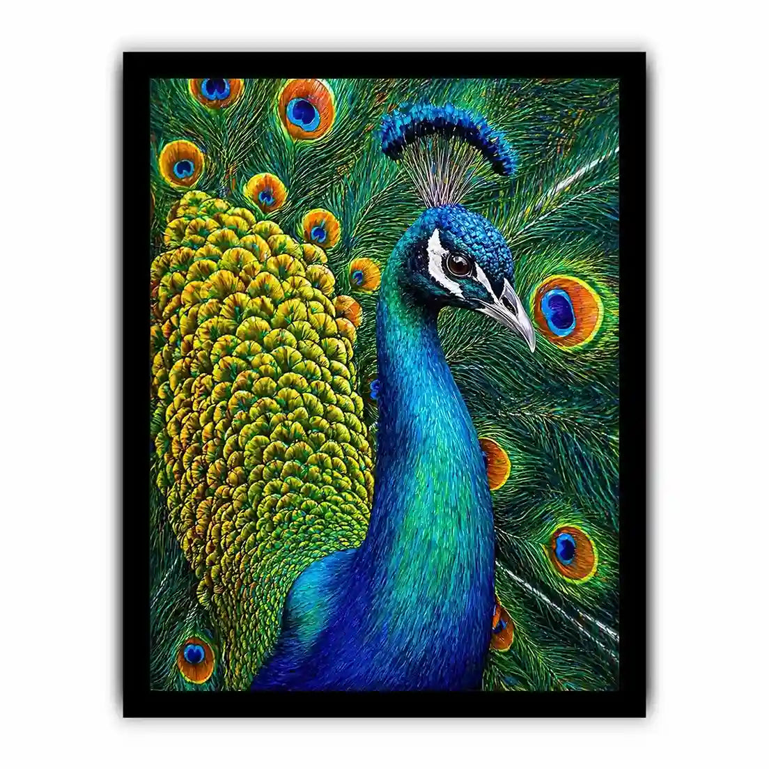 peacock close up wall art colorful feathers, vibrant bird painting canvas print, detailed peacock feather artwork modern decor, luxury peacock illustration