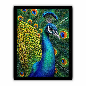 peacock close up wall art colorful feathers, vibrant bird painting canvas print, detailed peacock feather artwork modern decor, luxury peacock illustration