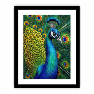 peacock close up wall art colorful feathers, vibrant bird painting canvas print, detailed peacock feather artwork modern decor, luxury peacock illustration