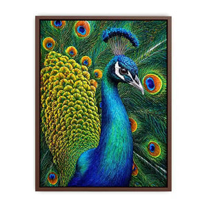 peacock close up wall art colorful feathers, vibrant bird painting canvas print, detailed peacock feather artwork modern decor, luxury peacock illustration