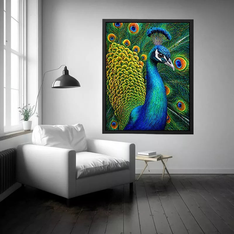 peacock close up wall art colorful feathers, vibrant bird painting canvas print, detailed peacock feather artwork modern decor, luxury peacock illustration