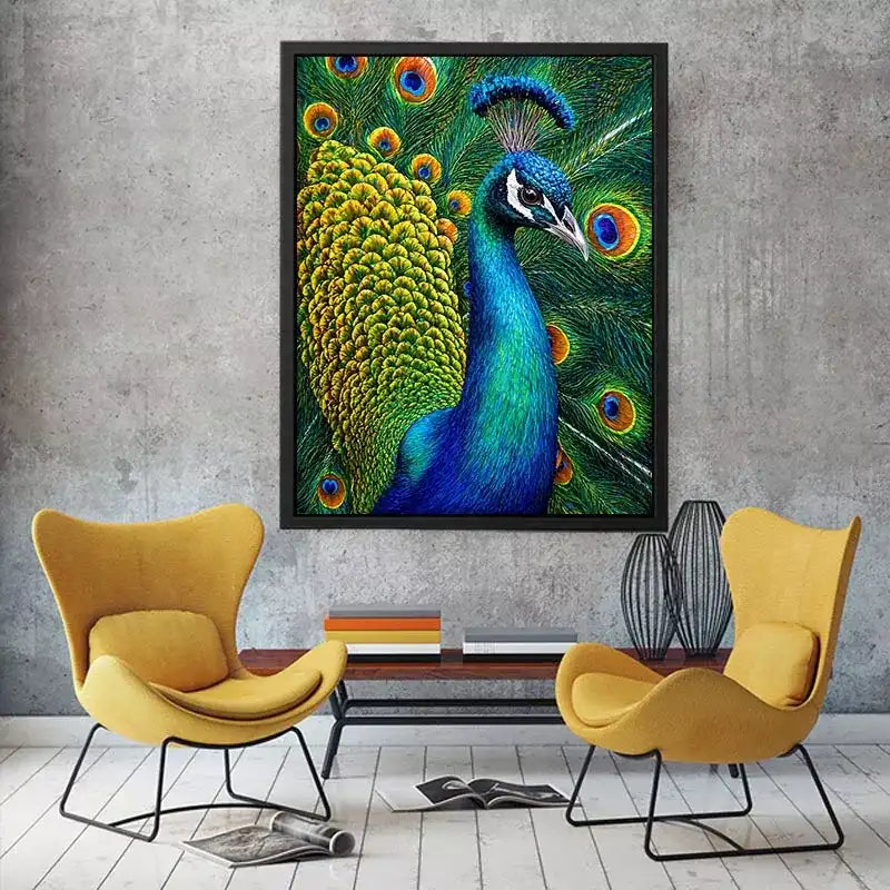 peacock close up wall art colorful feathers, vibrant bird painting canvas print, detailed peacock feather artwork modern decor, luxury peacock illustration