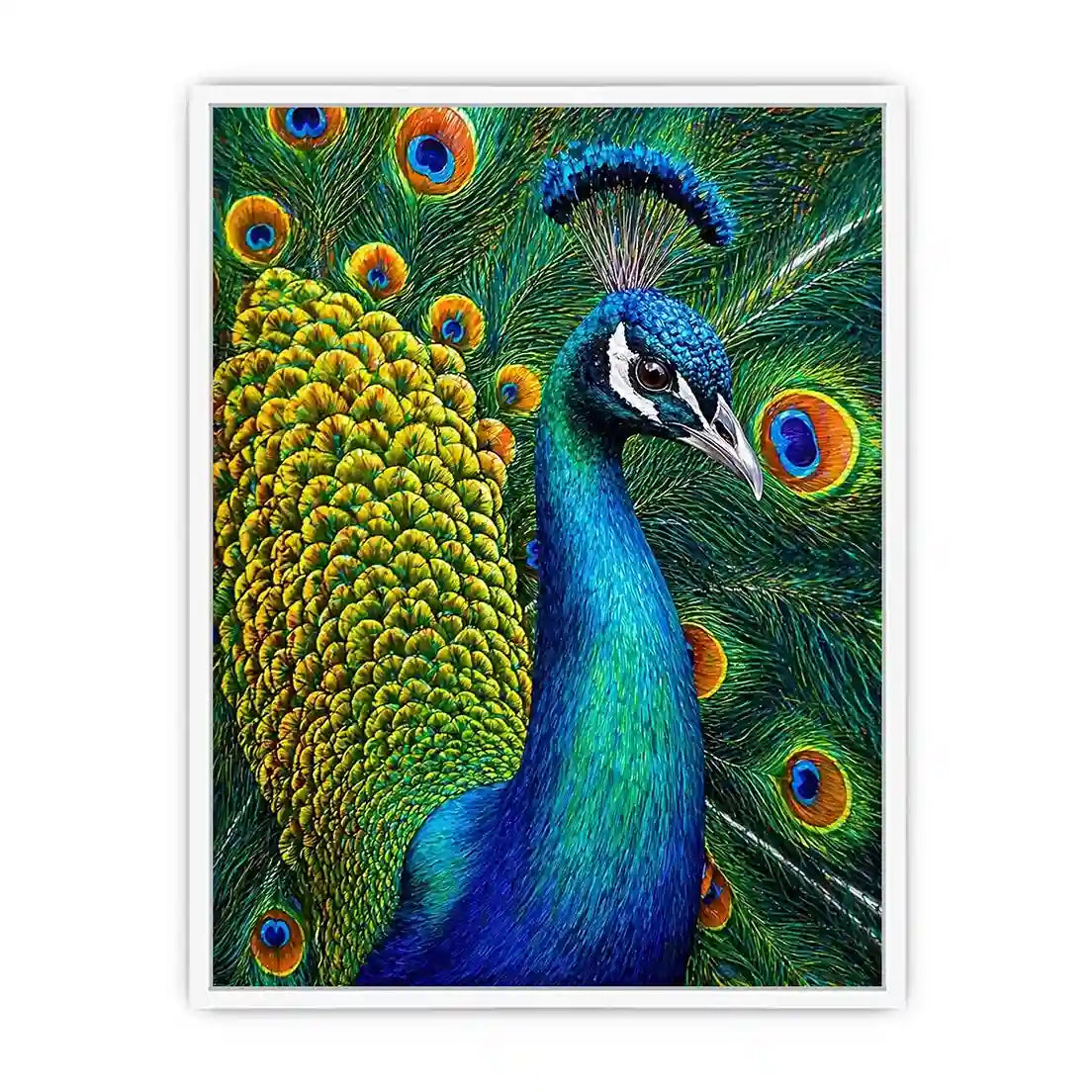 peacock close up wall art colorful feathers, vibrant bird painting canvas print, detailed peacock feather artwork modern decor, luxury peacock illustration