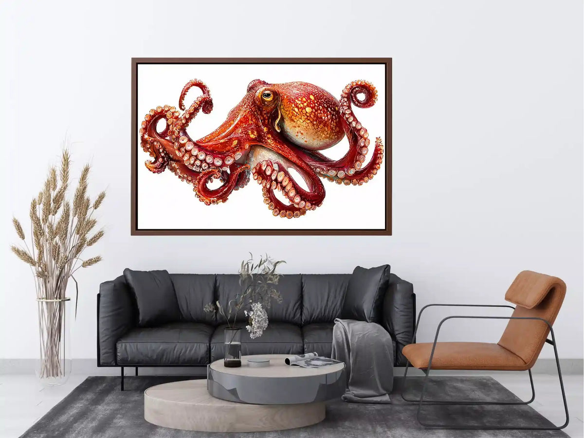 minimal octopus wall art clean marine canvas, elegant octopus illustration modern decor, red octopus artwork white background premium print, sea life minimalist canvas design