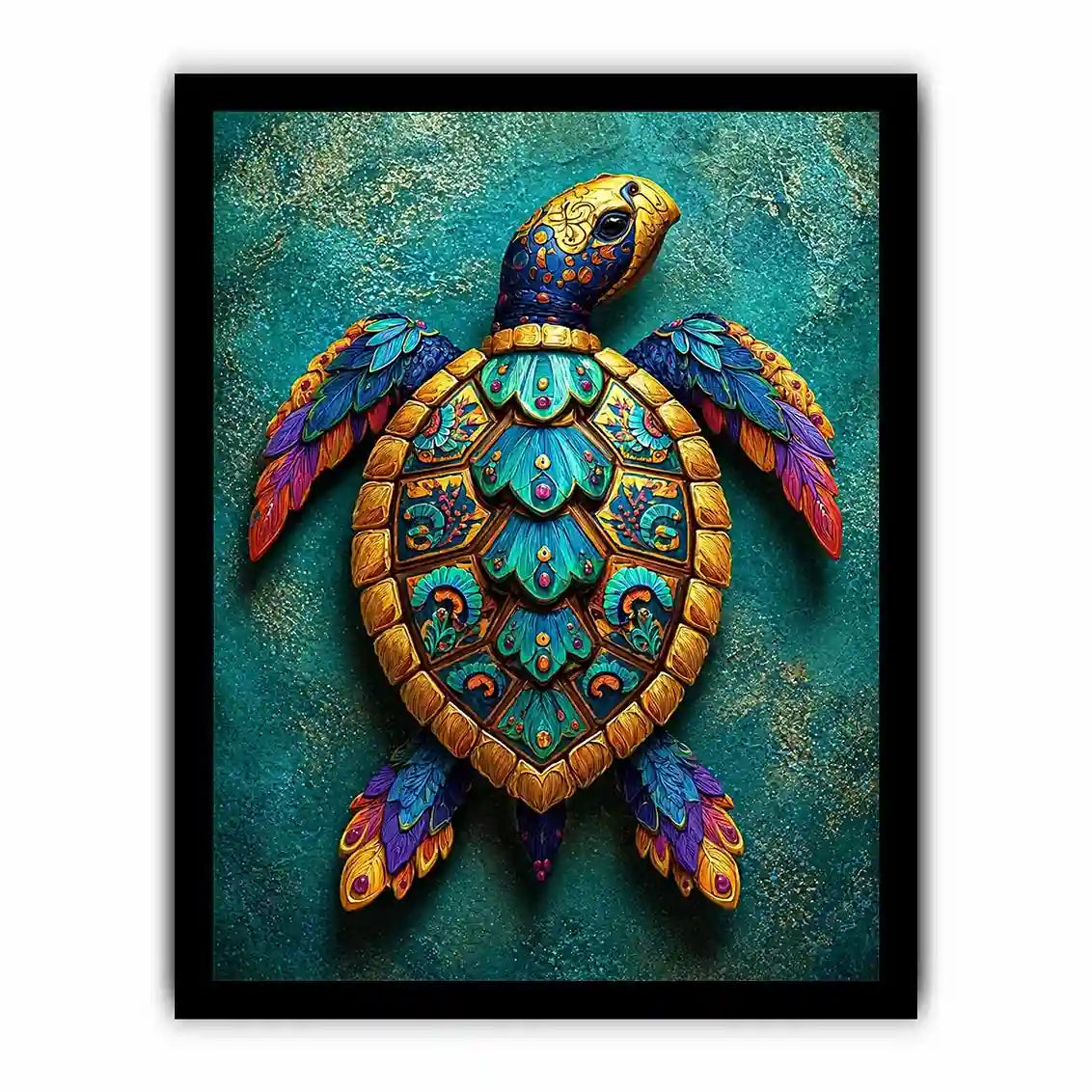colorful turtle wall art coastal decor canvas, decorative sea turtle artwork vibrant modern design, marine turtle illustration teal gold wall decor, tropical ocean animal canvas art