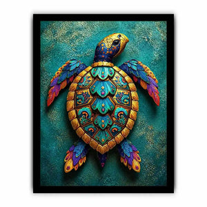 colorful turtle wall art coastal decor canvas, decorative sea turtle artwork vibrant modern design, marine turtle illustration teal gold wall decor, tropical ocean animal canvas art