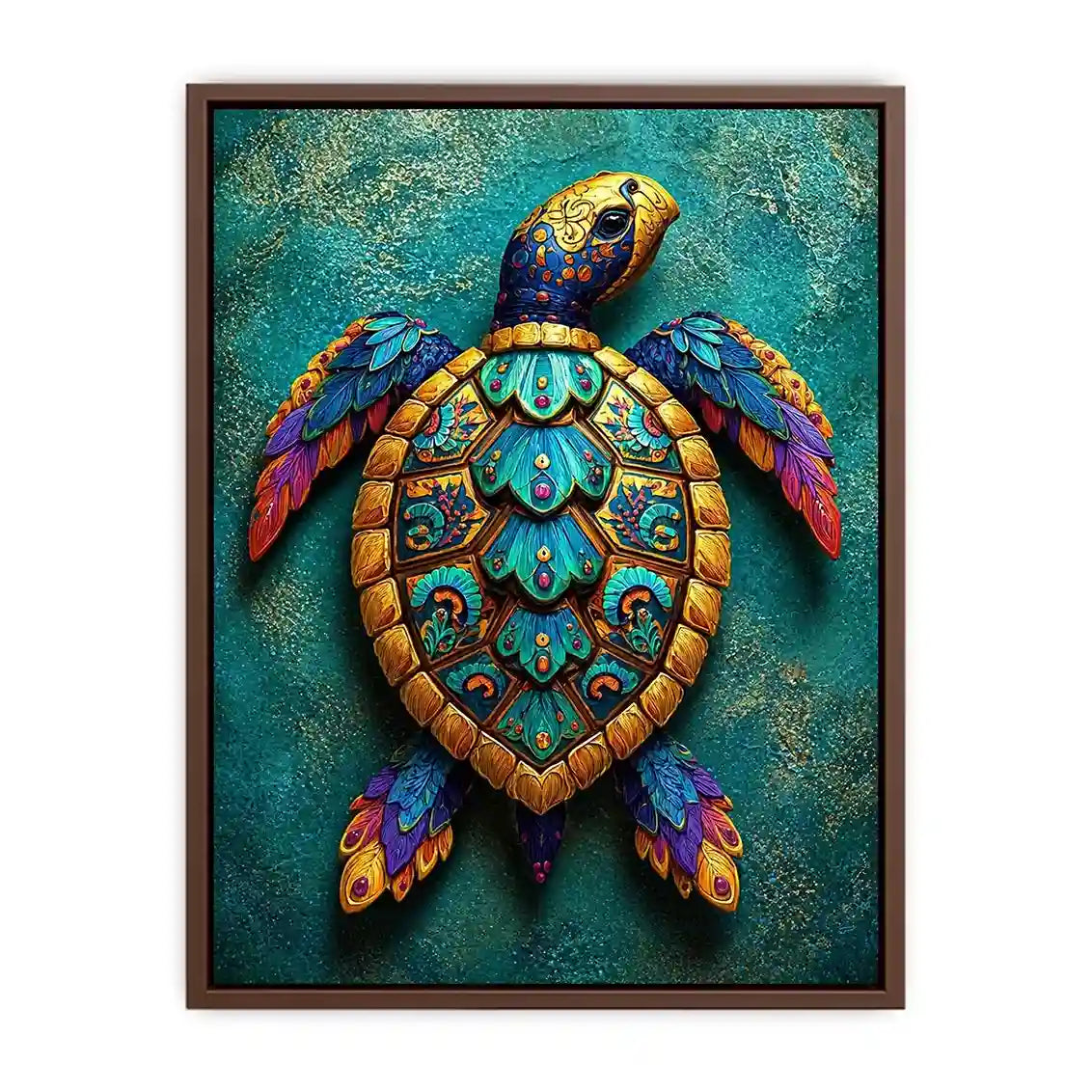 colorful turtle wall art coastal decor canvas, decorative sea turtle artwork vibrant modern design, marine turtle illustration teal gold wall decor, tropical ocean animal canvas art