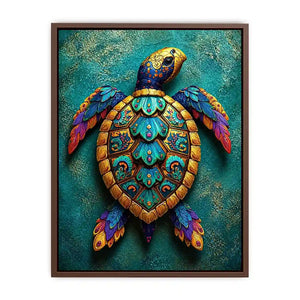 colorful turtle wall art coastal decor canvas, decorative sea turtle artwork vibrant modern design, marine turtle illustration teal gold wall decor, tropical ocean animal canvas art