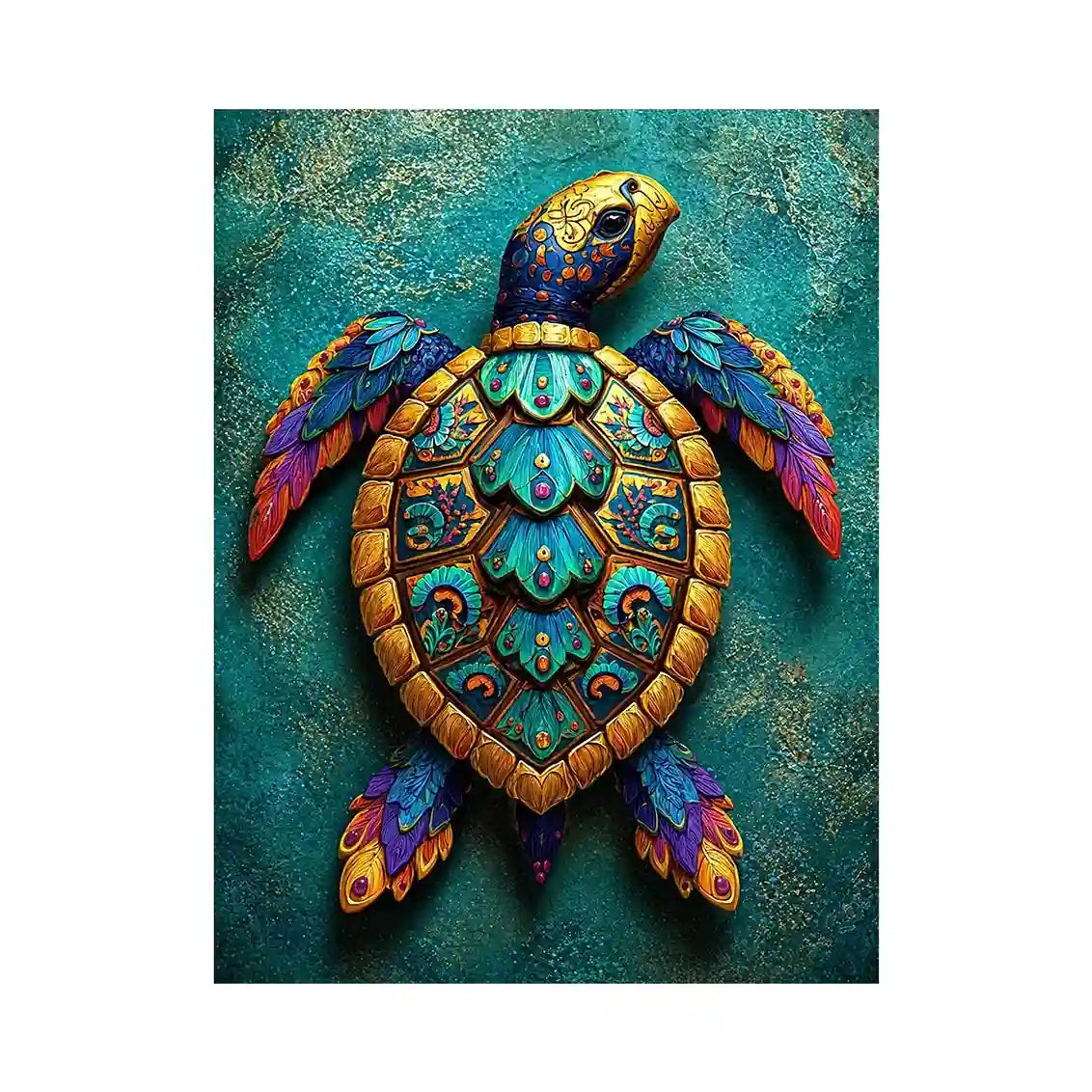 colorful turtle wall art coastal decor canvas, decorative sea turtle artwork vibrant modern design, marine turtle illustration teal gold wall decor, tropical ocean animal canvas art