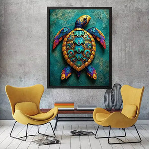 colorful turtle wall art coastal decor canvas, decorative sea turtle artwork vibrant modern design, marine turtle illustration teal gold wall decor, tropical ocean animal canvas art